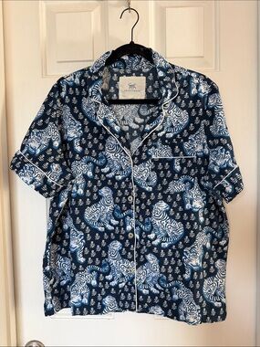 Print fresh tiger queen Navy & White Short-Sleeve pajama shirt medium cotton